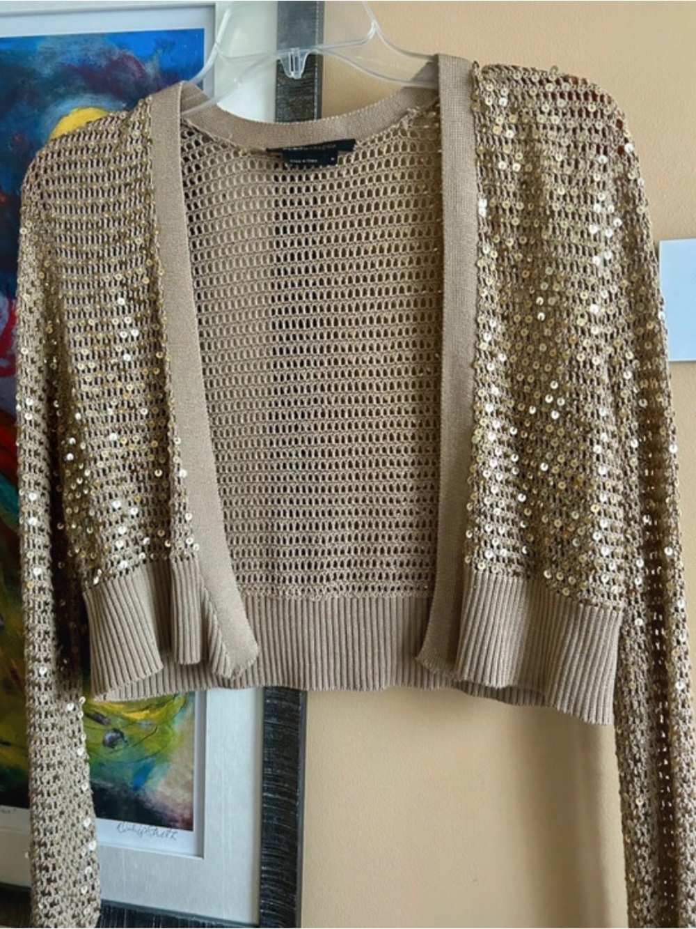BCBGMaxAzria Gold Sequin Open-Front Cropped Cardigan